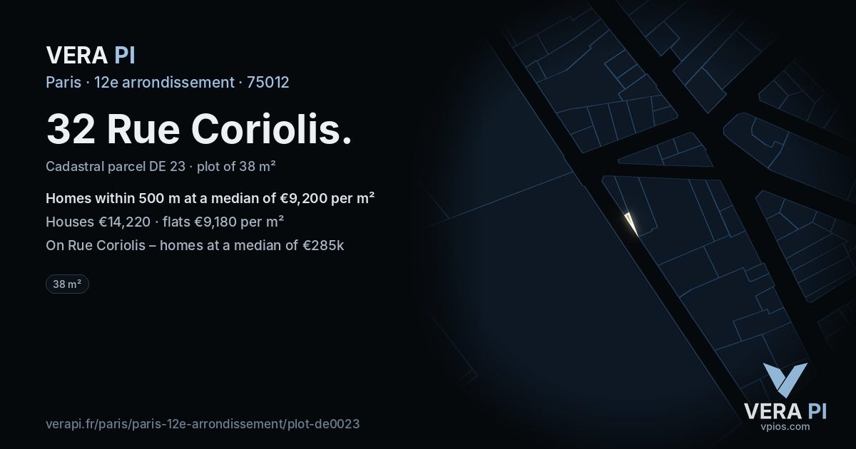 32 Rue Coriolis, 12e arrondissement at night – the plot lit, the parcels around coloured by the prices near them