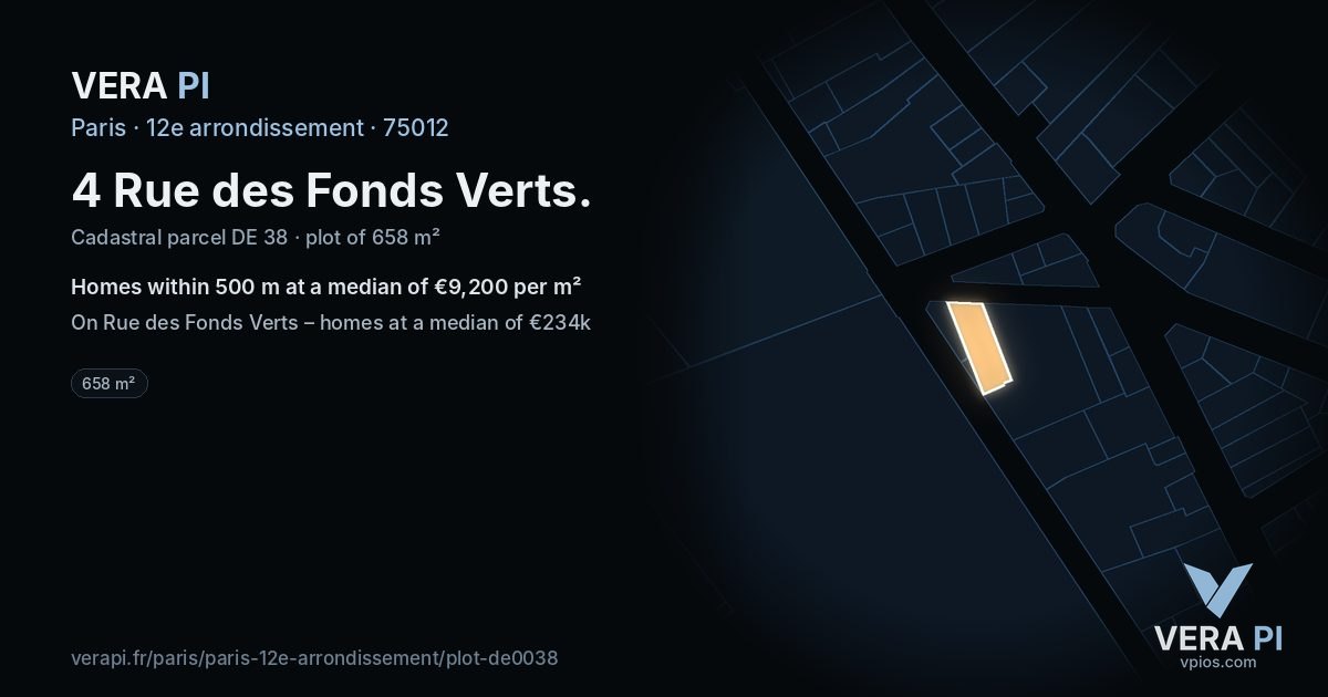 4 Rue des Fonds Verts, 12e arrondissement at night – the plot lit, the parcels around coloured by the prices near them