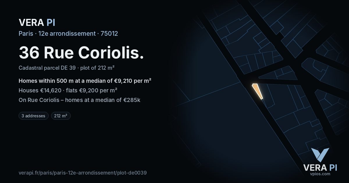36 Rue Coriolis, 12e arrondissement at night – the plot lit, the parcels around coloured by the prices near them
