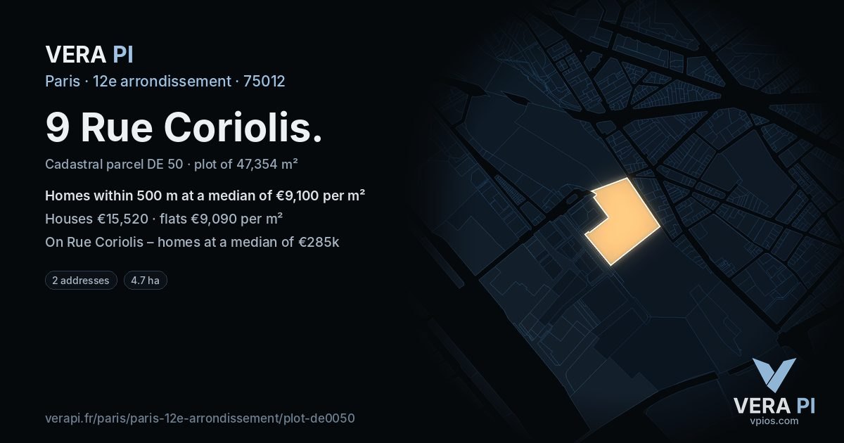 9 Rue Coriolis, 12e arrondissement at night – the plot lit, the parcels around coloured by the prices near them