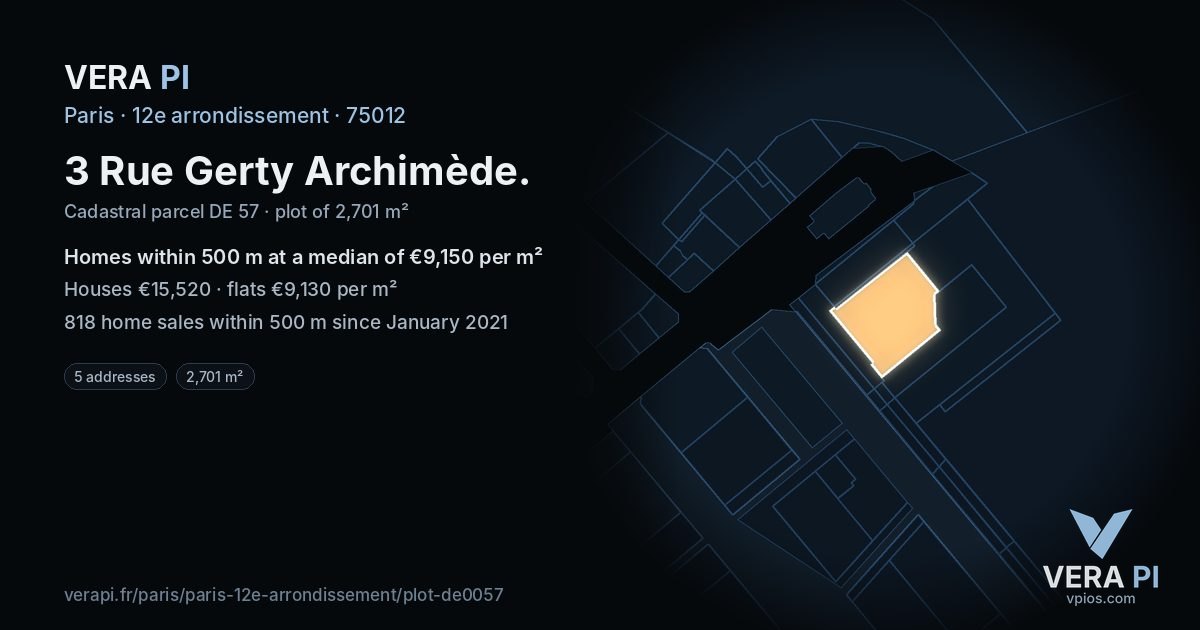 3 Rue Gerty Archimède, 12e arrondissement at night – the plot lit, the parcels around coloured by the prices near them