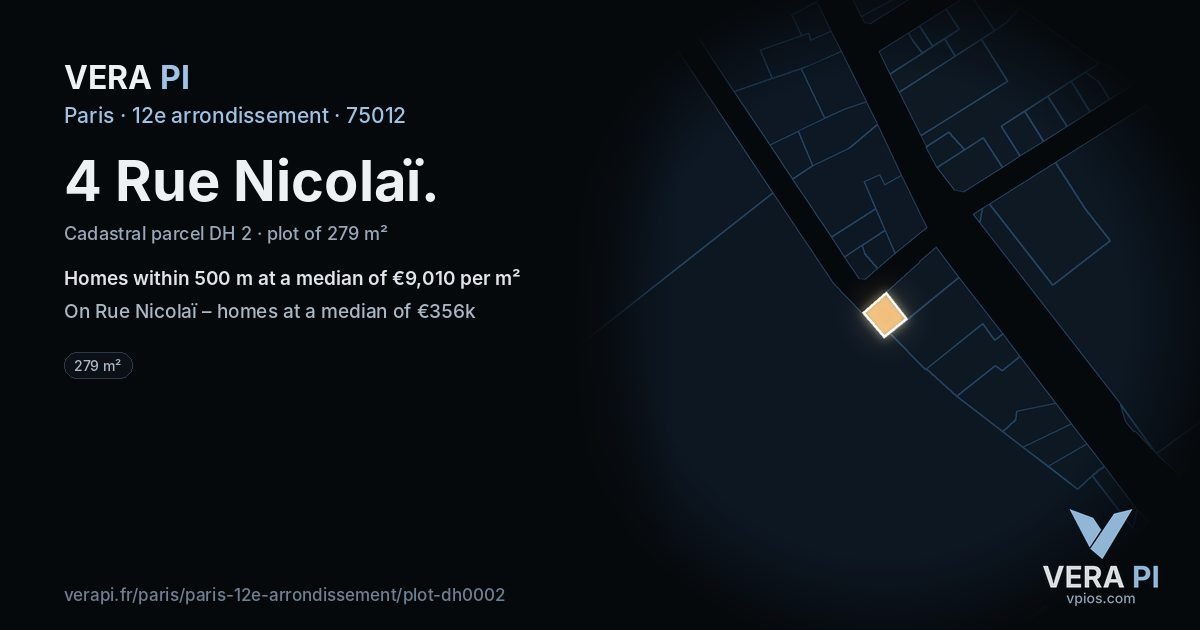4 Rue Nicolaï, 12e arrondissement at night – the plot lit, the parcels around coloured by the prices near them