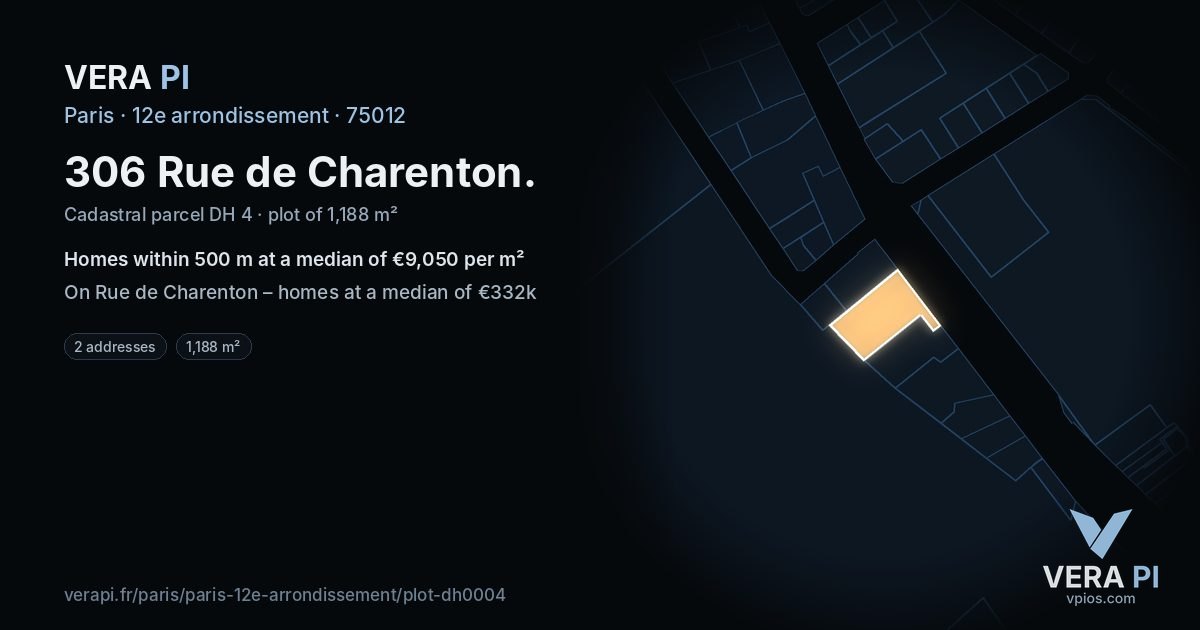 306 Rue de Charenton, 12e arrondissement at night – the plot lit, the parcels around coloured by the prices near them