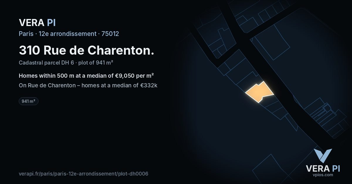 310 Rue de Charenton, 12e arrondissement at night – the plot lit, the parcels around coloured by the prices near them