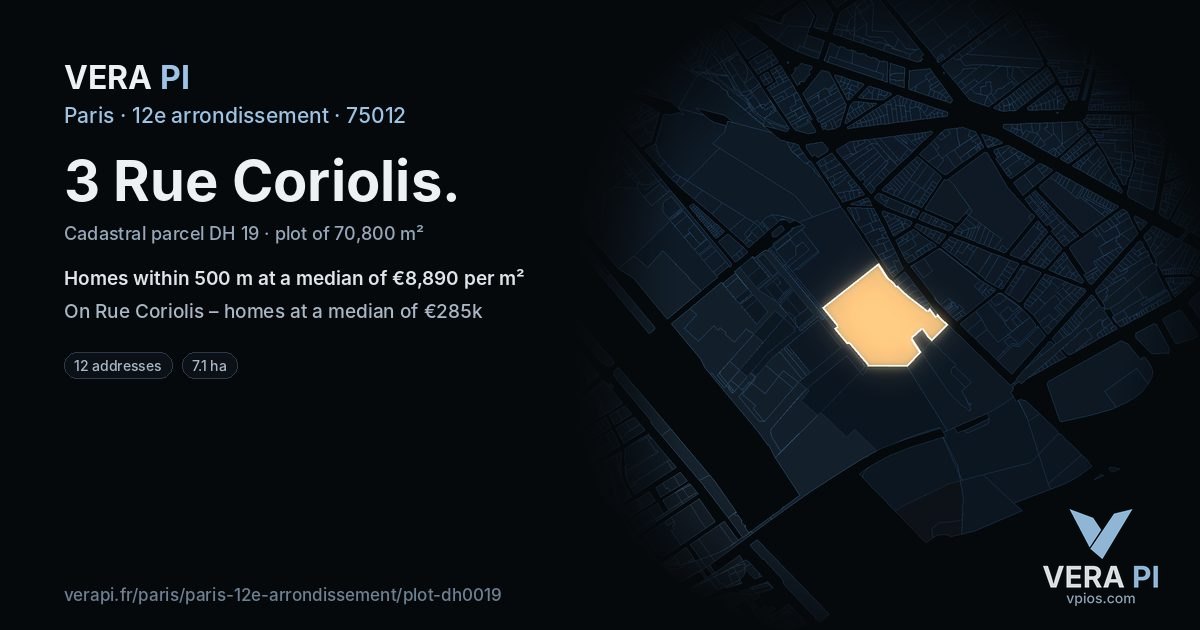3 Rue Coriolis, 12e arrondissement at night – the plot lit, the parcels around coloured by the prices near them