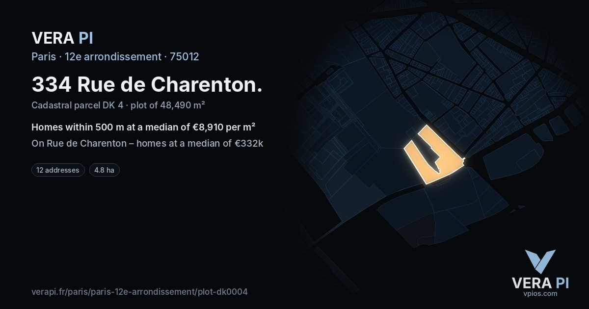 334 Rue de Charenton, 12e arrondissement at night – the plot lit, the parcels around coloured by the prices near them