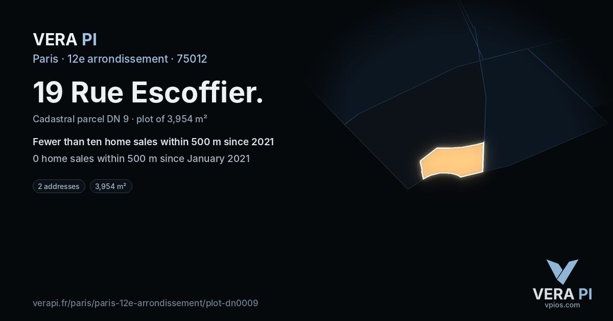 19 Rue Escoffier, 12e arrondissement at night – the plot lit, the parcels around coloured by the prices near them