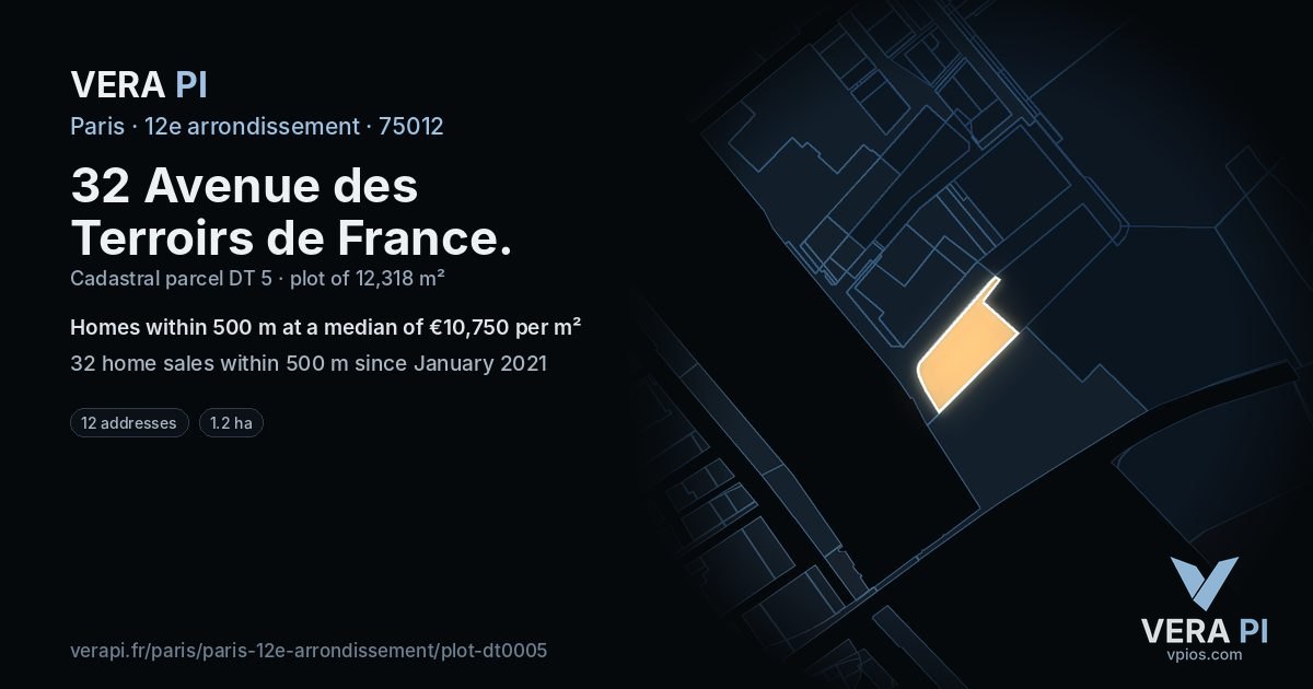 32 Avenue des Terroirs de France, 12e arrondissement at night – the plot lit, the parcels around coloured by the prices near them
