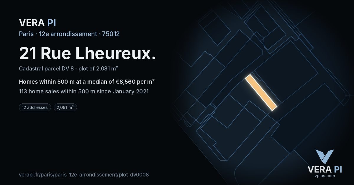 21 Rue Lheureux, 12e arrondissement at night – the plot lit, the parcels around coloured by the prices near them