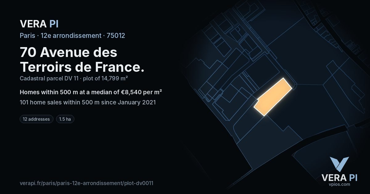 70 Avenue des Terroirs de France, 12e arrondissement at night – the plot lit, the parcels around coloured by the prices near them