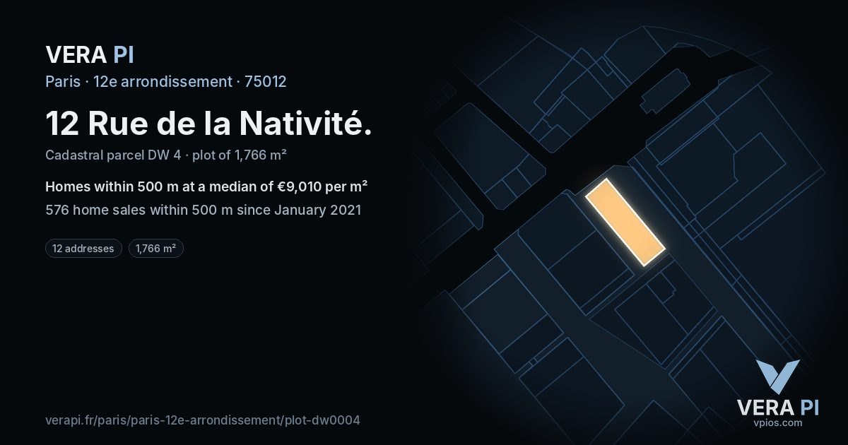 12 Rue de la Nativité, 12e arrondissement at night – the plot lit, the parcels around coloured by the prices near them