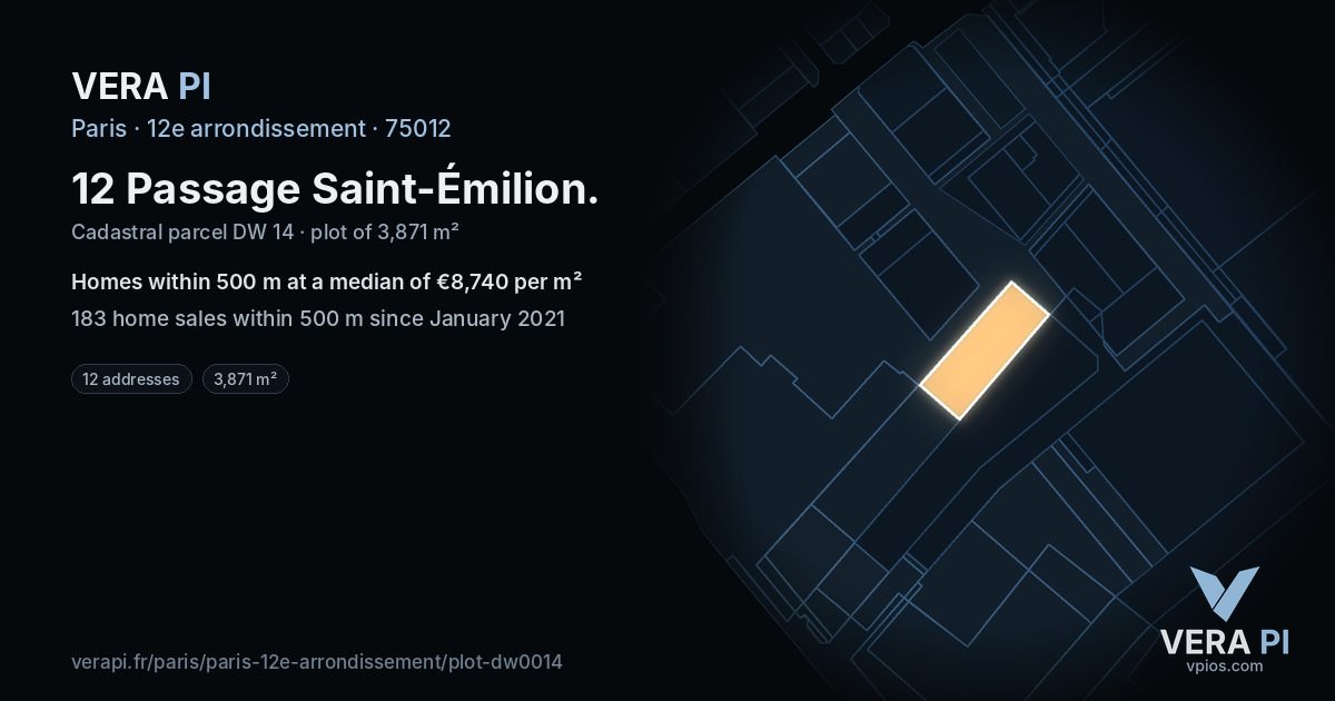12 Passage Saint-Émilion, 12e arrondissement at night – the plot lit, the parcels around coloured by the prices near them