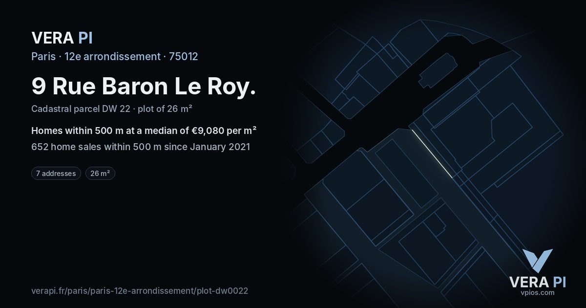 9 Rue Baron Le Roy, 12e arrondissement at night – the plot lit, the parcels around coloured by the prices near them