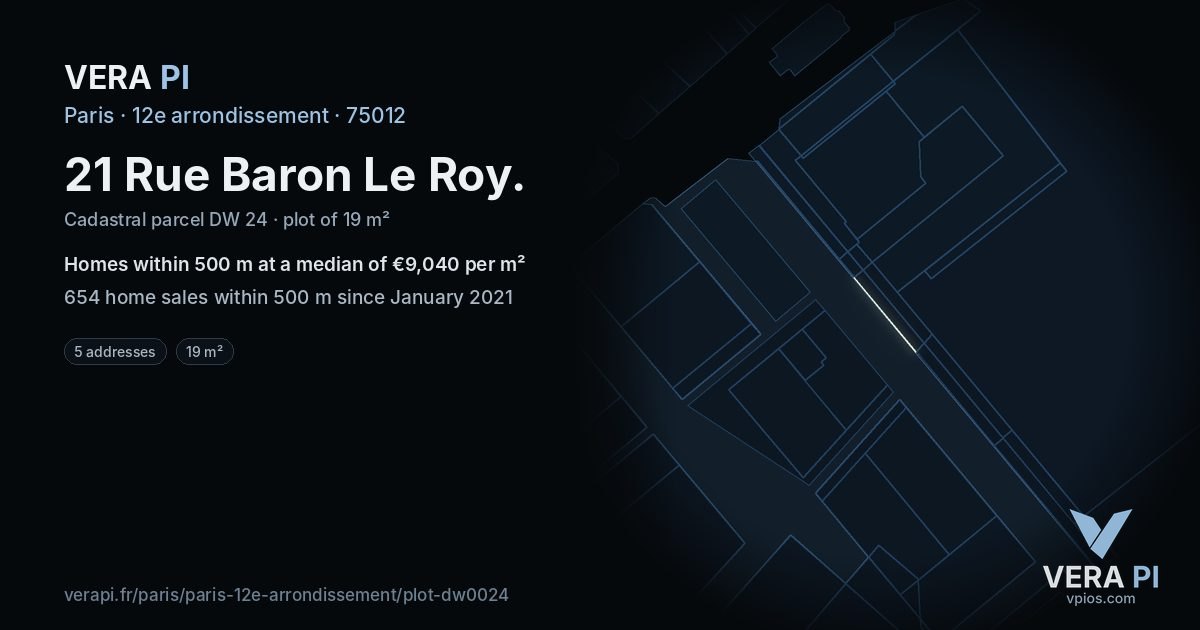 21 Rue Baron Le Roy, 12e arrondissement at night – the plot lit, the parcels around coloured by the prices near them