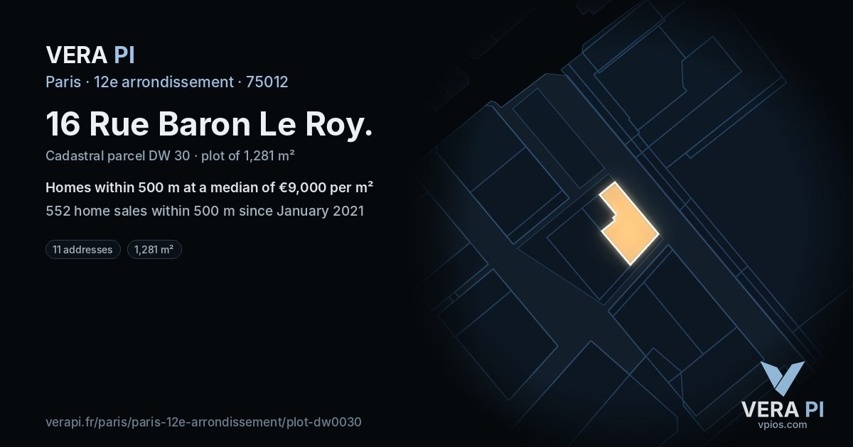 16 Rue Baron Le Roy, 12e arrondissement at night – the plot lit, the parcels around coloured by the prices near them