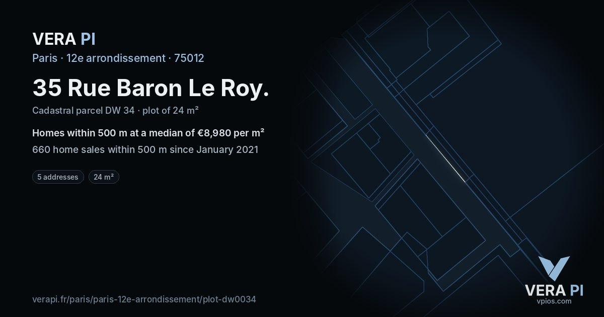 35 Rue Baron Le Roy, 12e arrondissement at night – the plot lit, the parcels around coloured by the prices near them