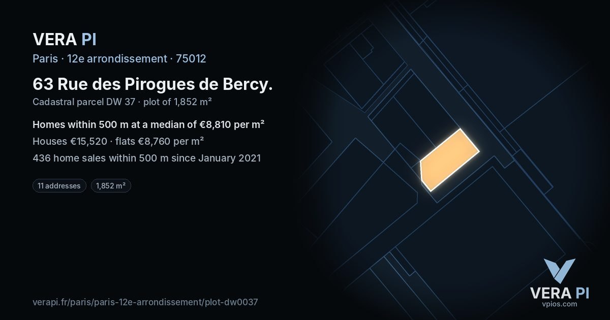 63 Rue des Pirogues de Bercy, 12e arrondissement at night – the plot lit, the parcels around coloured by the prices near them