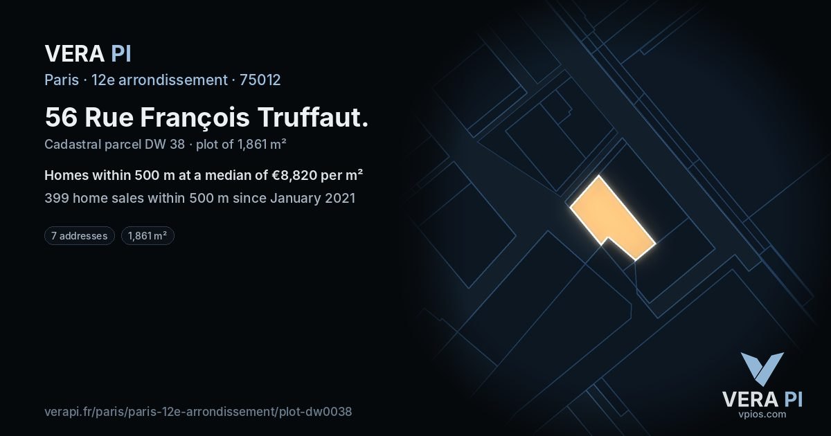 56 Rue François Truffaut, 12e arrondissement at night – the plot lit, the parcels around coloured by the prices near them