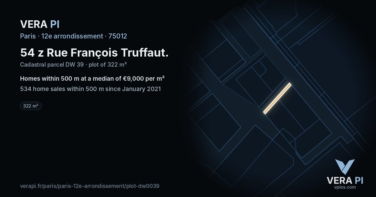 54 z Rue François Truffaut, 12e arrondissement at night – the plot lit, the parcels around coloured by the prices near them