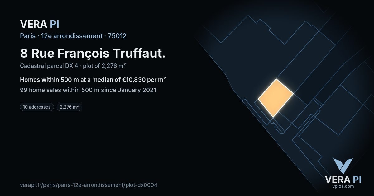 8 Rue François Truffaut, 12e arrondissement at night – the plot lit, the parcels around coloured by the prices near them