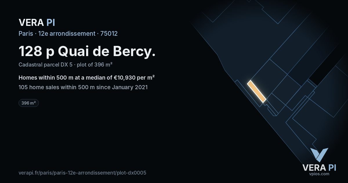 128 p Quai de Bercy, 12e arrondissement at night – the plot lit, the parcels around coloured by the prices near them