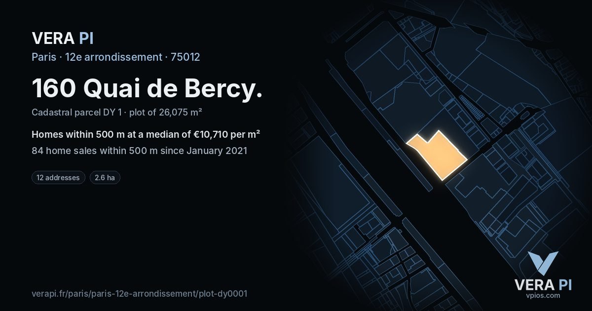 160 Quai de Bercy, 12e arrondissement at night – the plot lit, the parcels around coloured by the prices near them