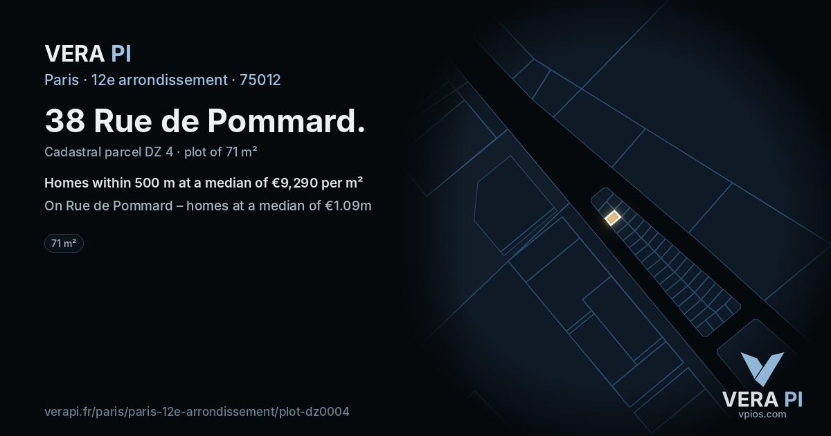 38 Rue de Pommard, 12e arrondissement at night – the plot lit, the parcels around coloured by the prices near them