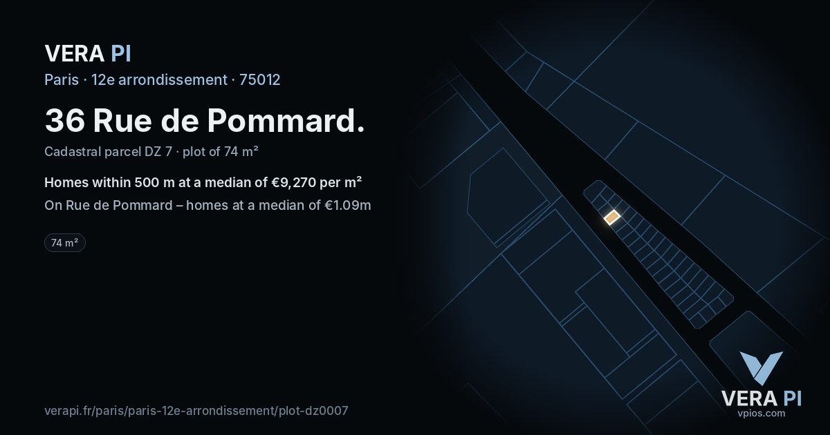 36 Rue de Pommard, 12e arrondissement at night – the plot lit, the parcels around coloured by the prices near them