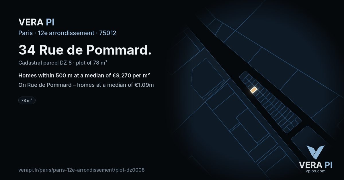 34 Rue de Pommard, 12e arrondissement at night – the plot lit, the parcels around coloured by the prices near them