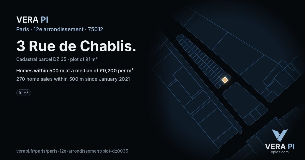 3 Rue de Chablis, 12e arrondissement at night – the plot lit, the parcels around coloured by the prices near them