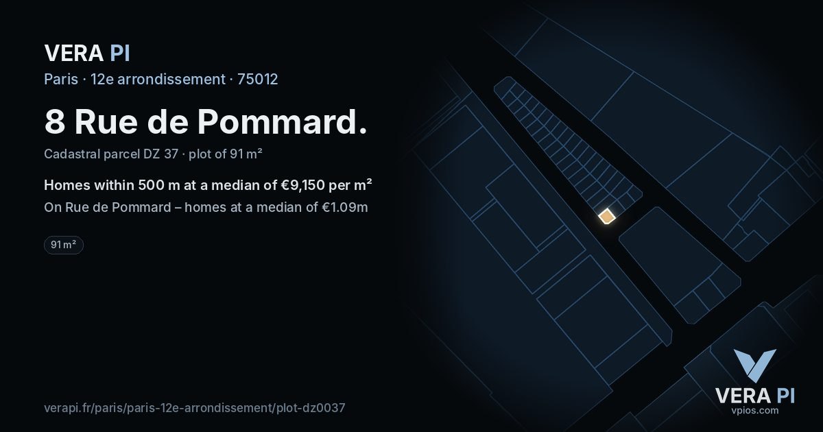 8 Rue de Pommard, 12e arrondissement at night – the plot lit, the parcels around coloured by the prices near them