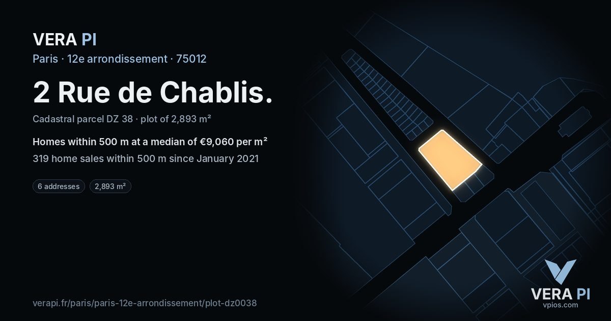 2 Rue de Chablis, 12e arrondissement at night – the plot lit, the parcels around coloured by the prices near them