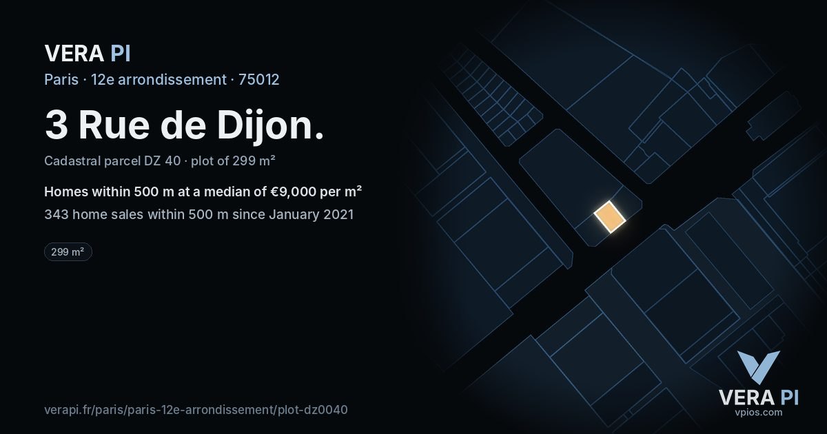 3 Rue de Dijon, 12e arrondissement at night – the plot lit, the parcels around coloured by the prices near them