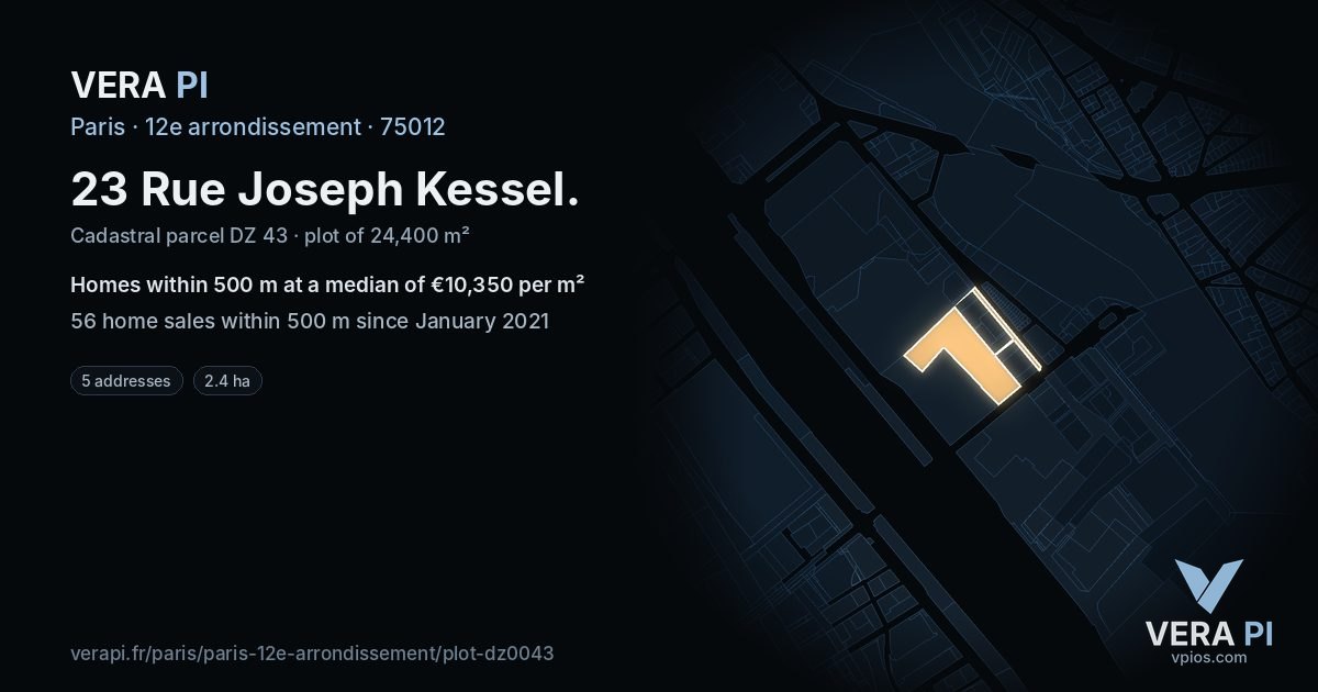 23 Rue Joseph Kessel, 12e arrondissement at night – the plot lit, the parcels around coloured by the prices near them