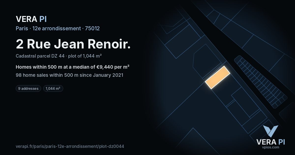 2 Rue Jean Renoir, 12e arrondissement at night – the plot lit, the parcels around coloured by the prices near them