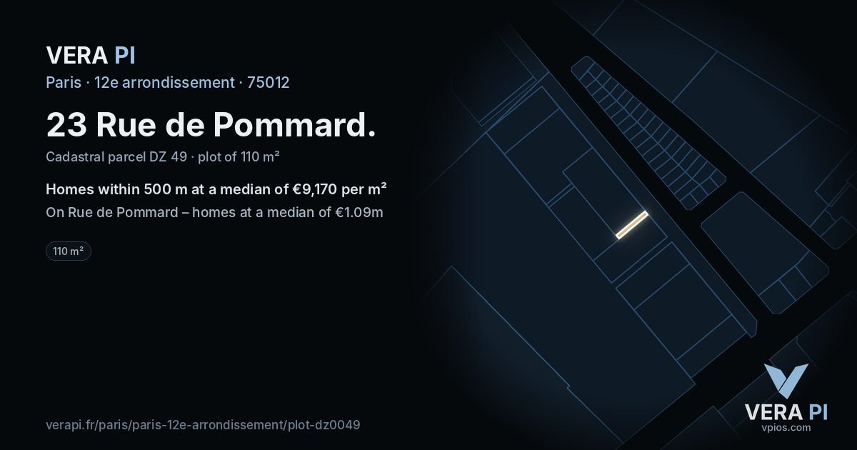 23 Rue de Pommard, 12e arrondissement at night – the plot lit, the parcels around coloured by the prices near them