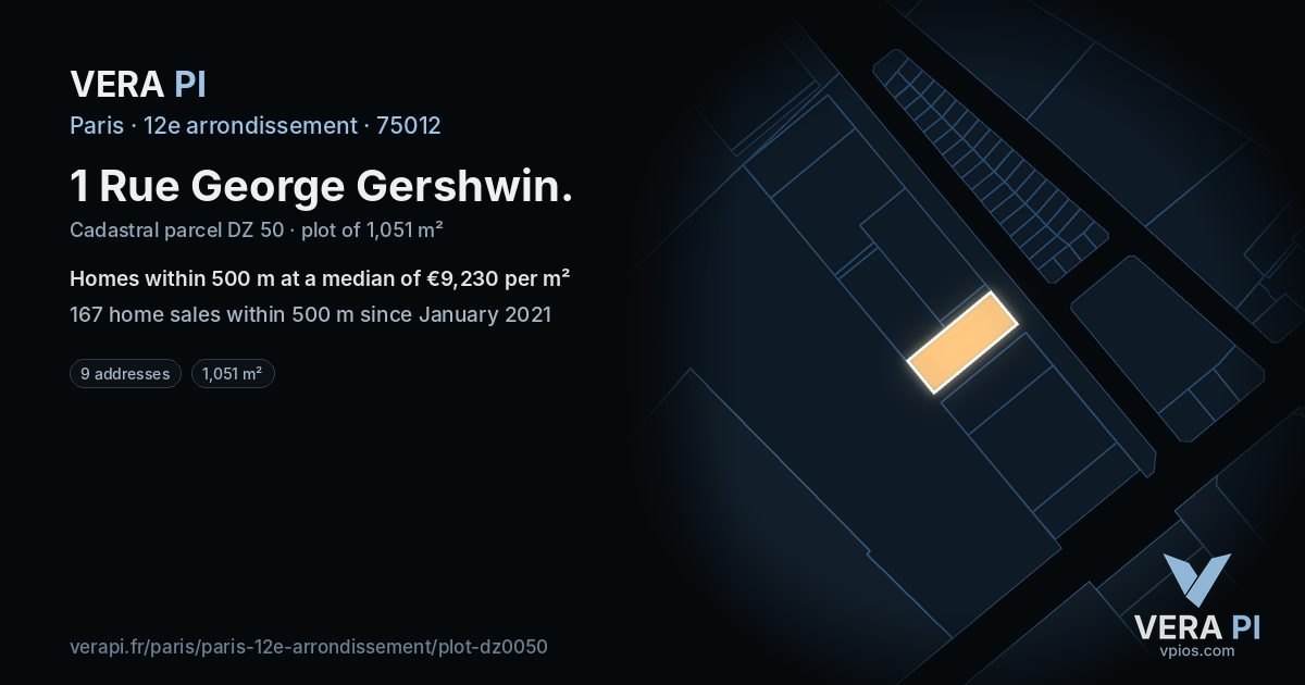 1 Rue George Gershwin, 12e arrondissement at night – the plot lit, the parcels around coloured by the prices near them