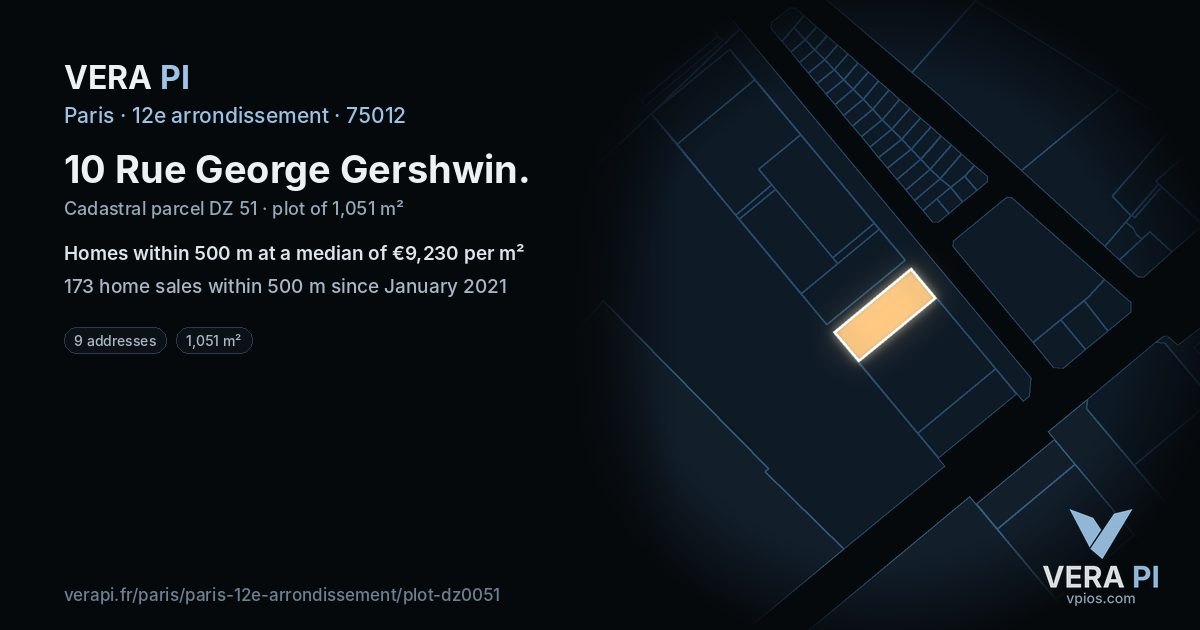 10 Rue George Gershwin, 12e arrondissement at night – the plot lit, the parcels around coloured by the prices near them
