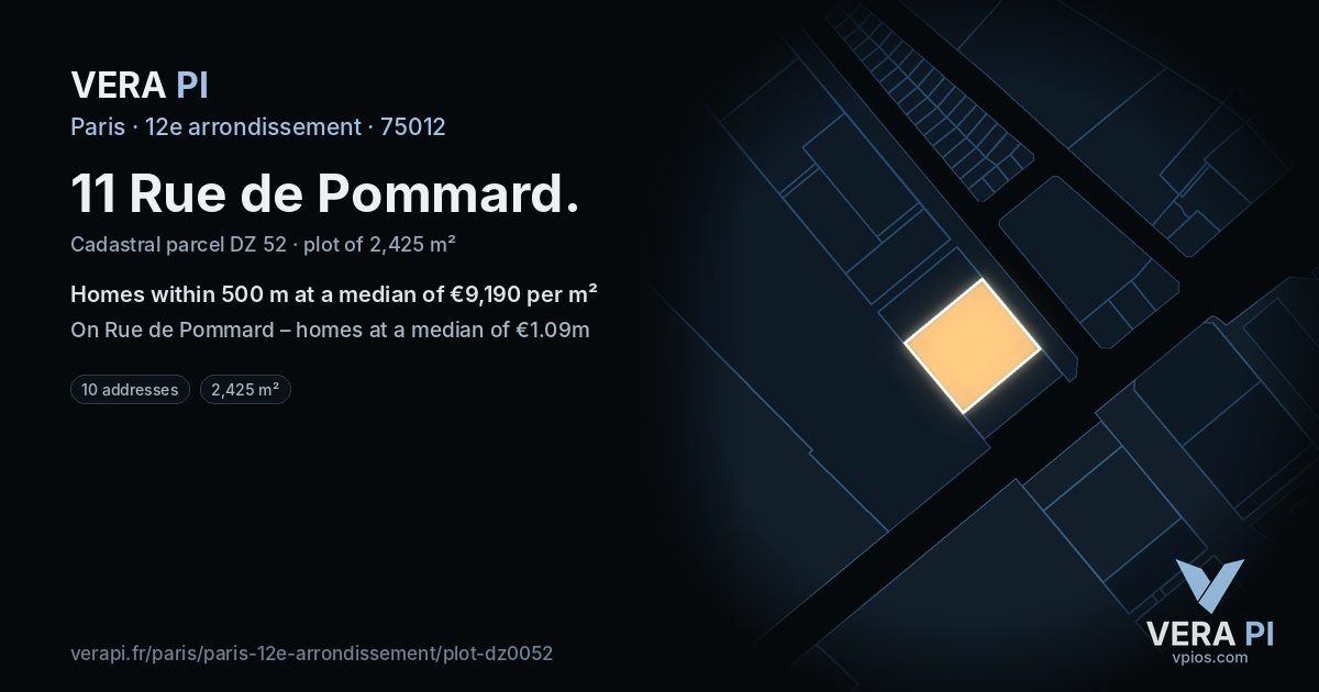 11 Rue de Pommard, 12e arrondissement at night – the plot lit, the parcels around coloured by the prices near them