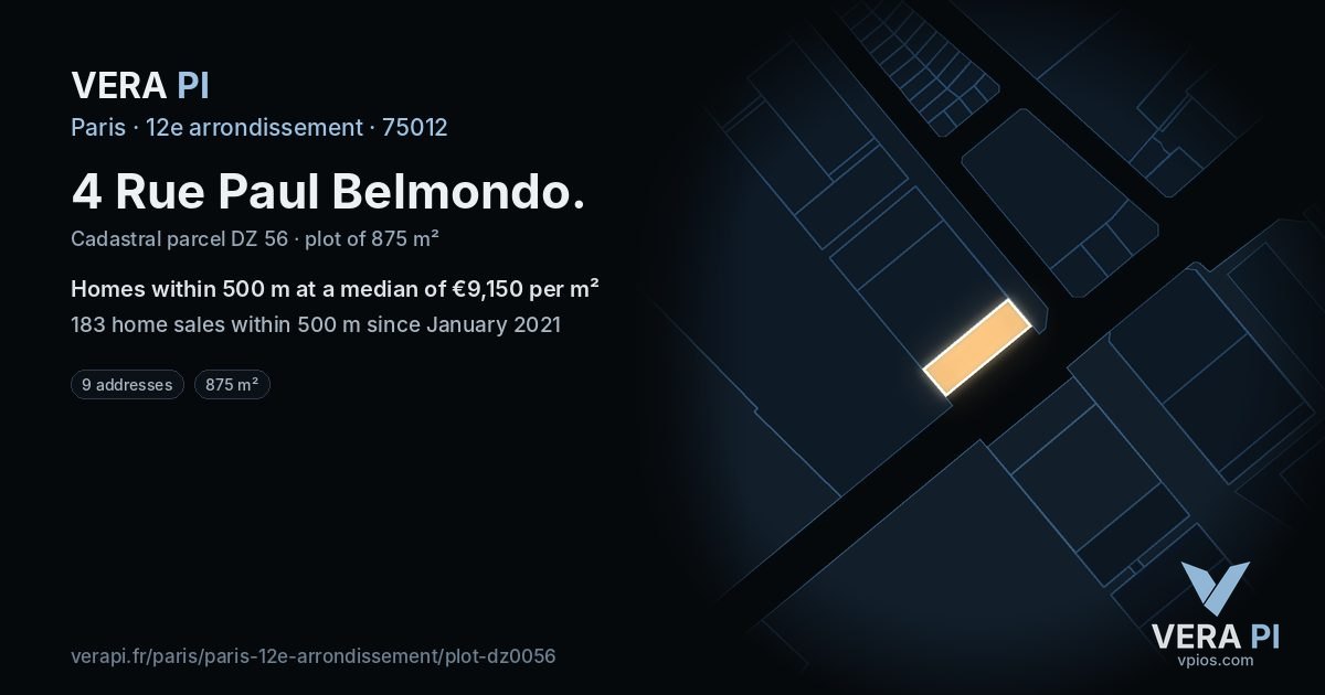 4 Rue Paul Belmondo, 12e arrondissement at night – the plot lit, the parcels around coloured by the prices near them