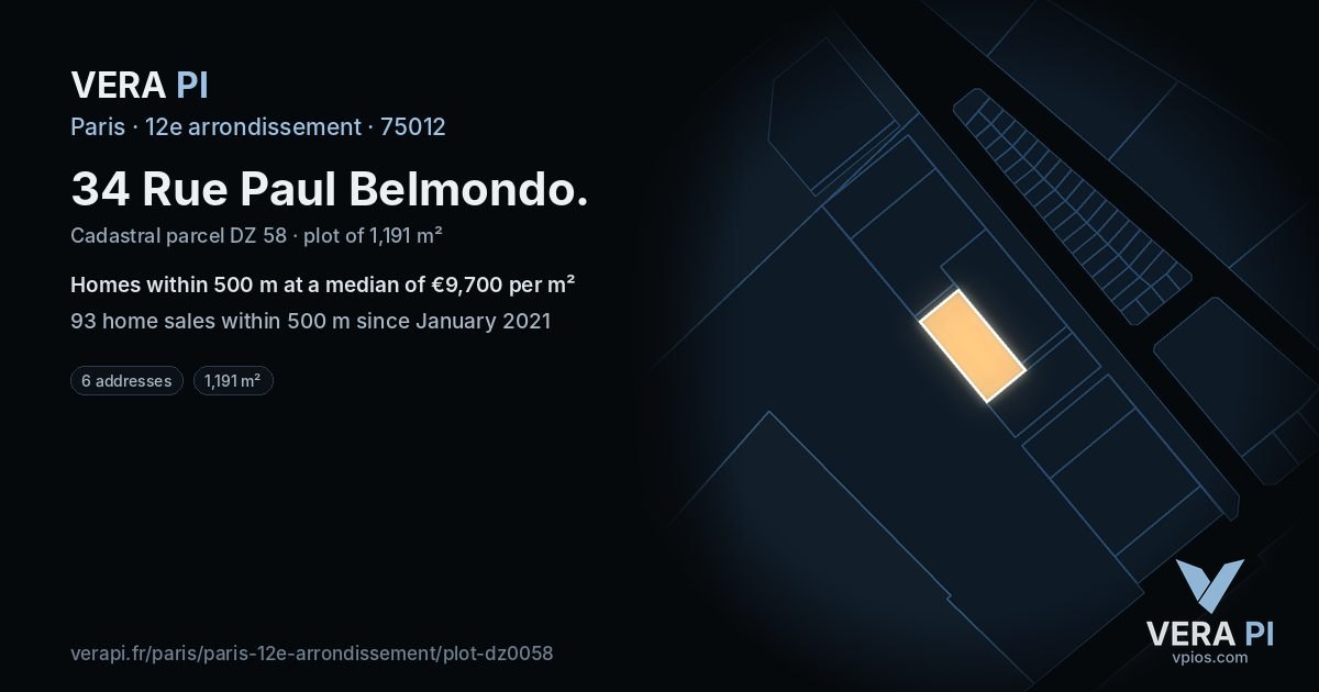 34 Rue Paul Belmondo, 12e arrondissement at night – the plot lit, the parcels around coloured by the prices near them