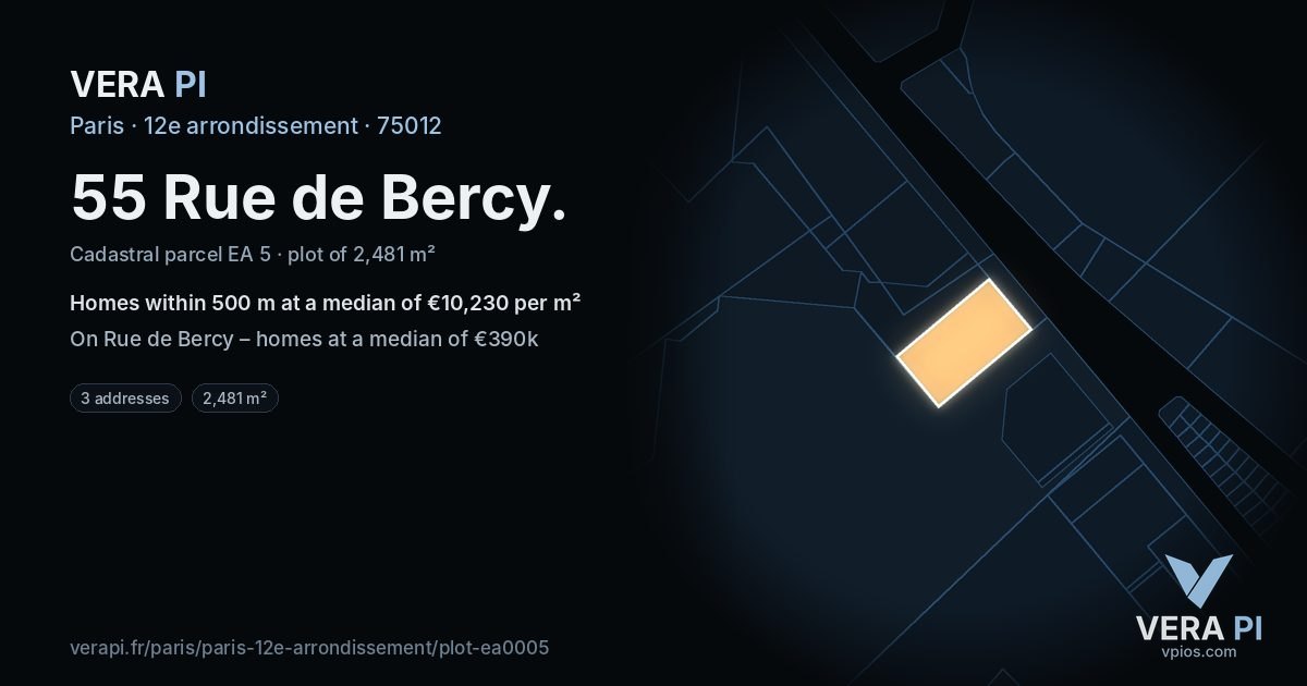 55 Rue de Bercy, 12e arrondissement at night – the plot lit, the parcels around coloured by the prices near them
