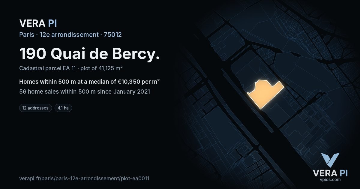 190 Quai de Bercy, 12e arrondissement at night – the plot lit, the parcels around coloured by the prices near them