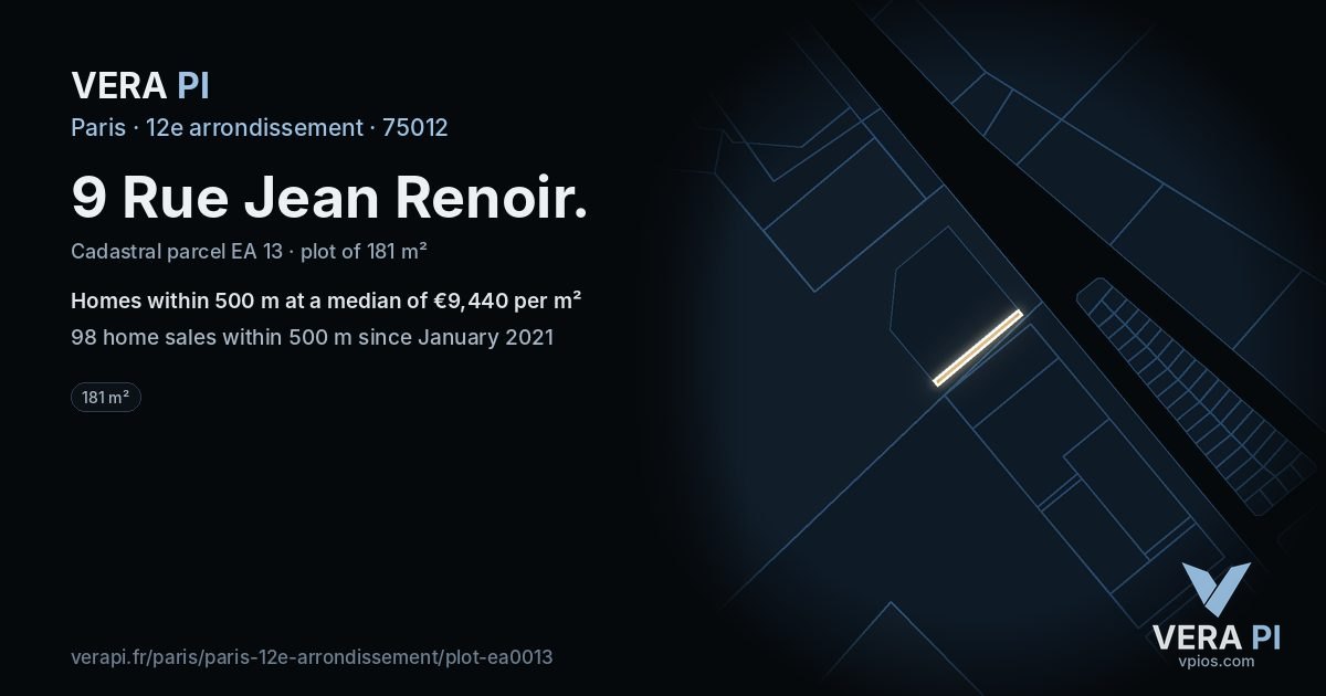 9 Rue Jean Renoir, 12e arrondissement at night – the plot lit, the parcels around coloured by the prices near them