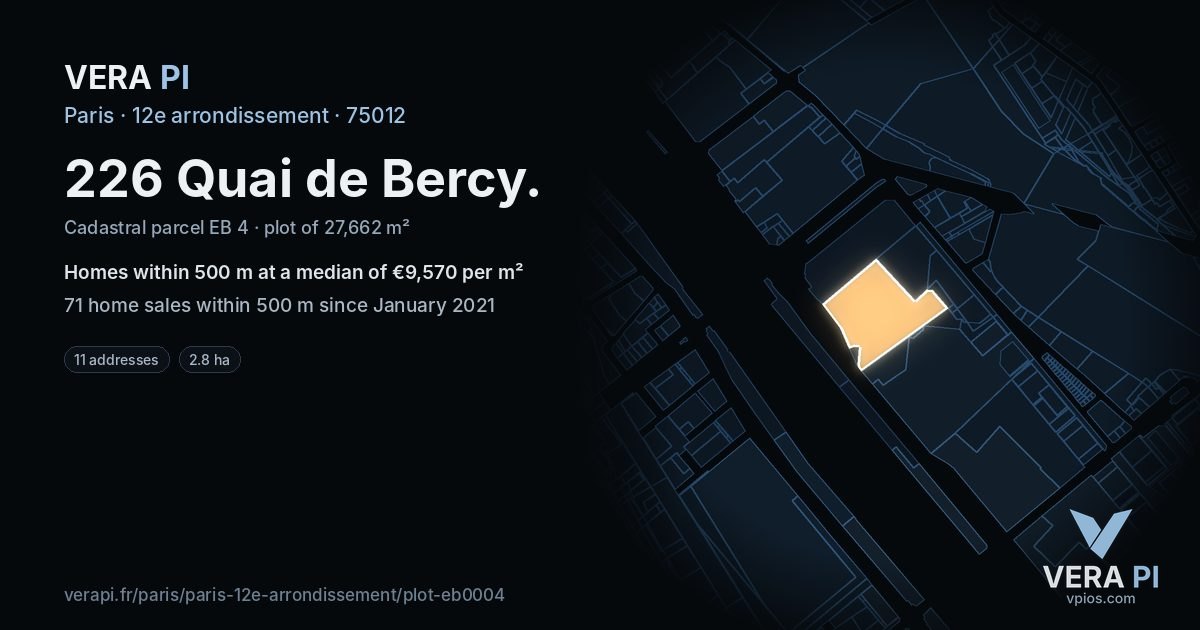 226 Quai de Bercy, 12e arrondissement at night – the plot lit, the parcels around coloured by the prices near them