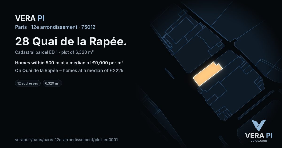 28 Quai de la Rapée, 12e arrondissement at night – the plot lit, the parcels around coloured by the prices near them