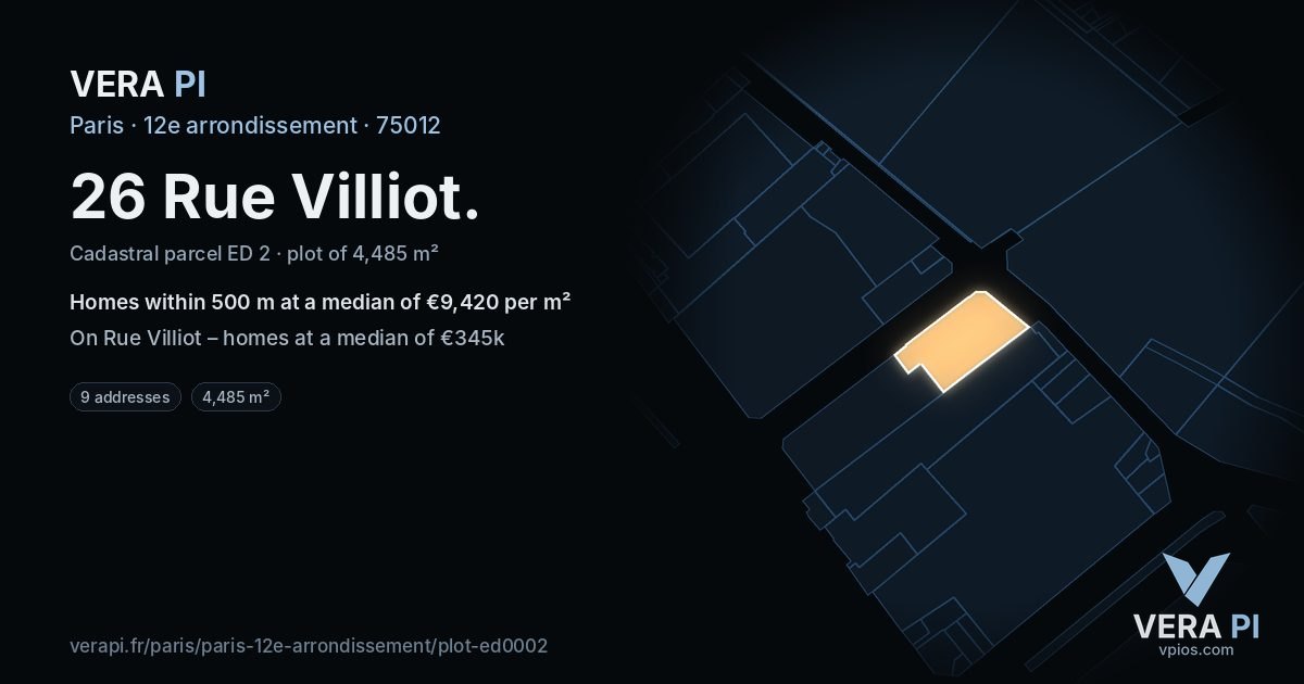 26 Rue Villiot, 12e arrondissement at night – the plot lit, the parcels around coloured by the prices near them