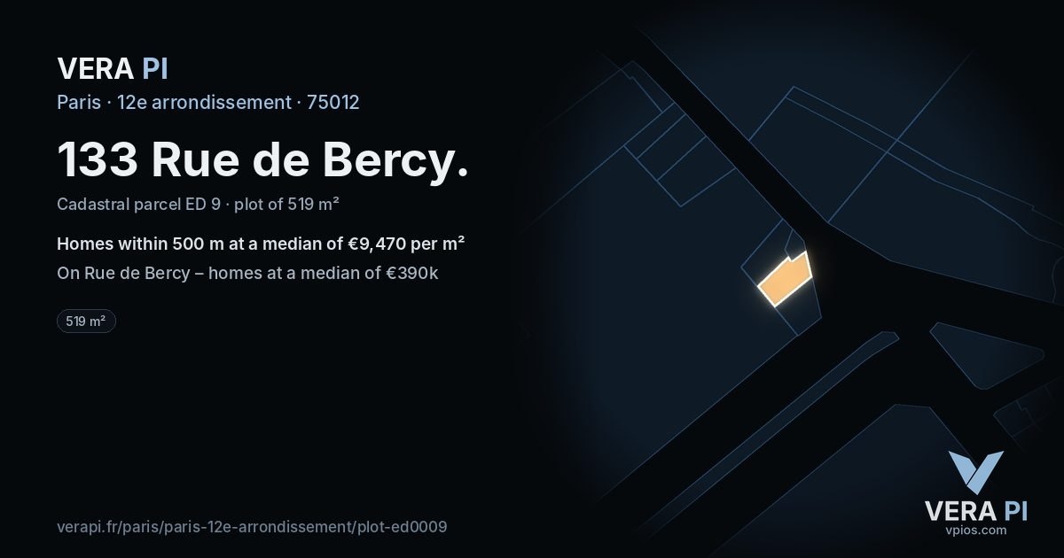 133 Rue de Bercy, 12e arrondissement at night – the plot lit, the parcels around coloured by the prices near them