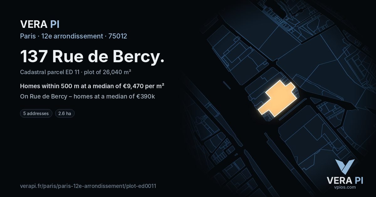 137 Rue de Bercy, 12e arrondissement at night – the plot lit, the parcels around coloured by the prices near them