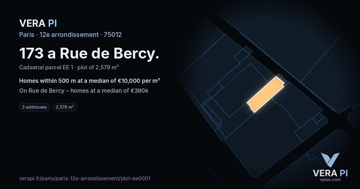 173 a Rue de Bercy, 12e arrondissement at night – the plot lit, the parcels around coloured by the prices near them